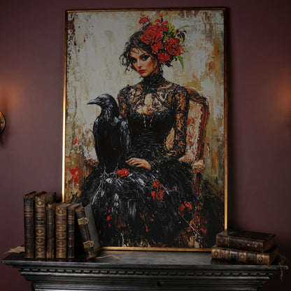 Gothic Portrait with Raven Woman Canvas in rose gold floating frame