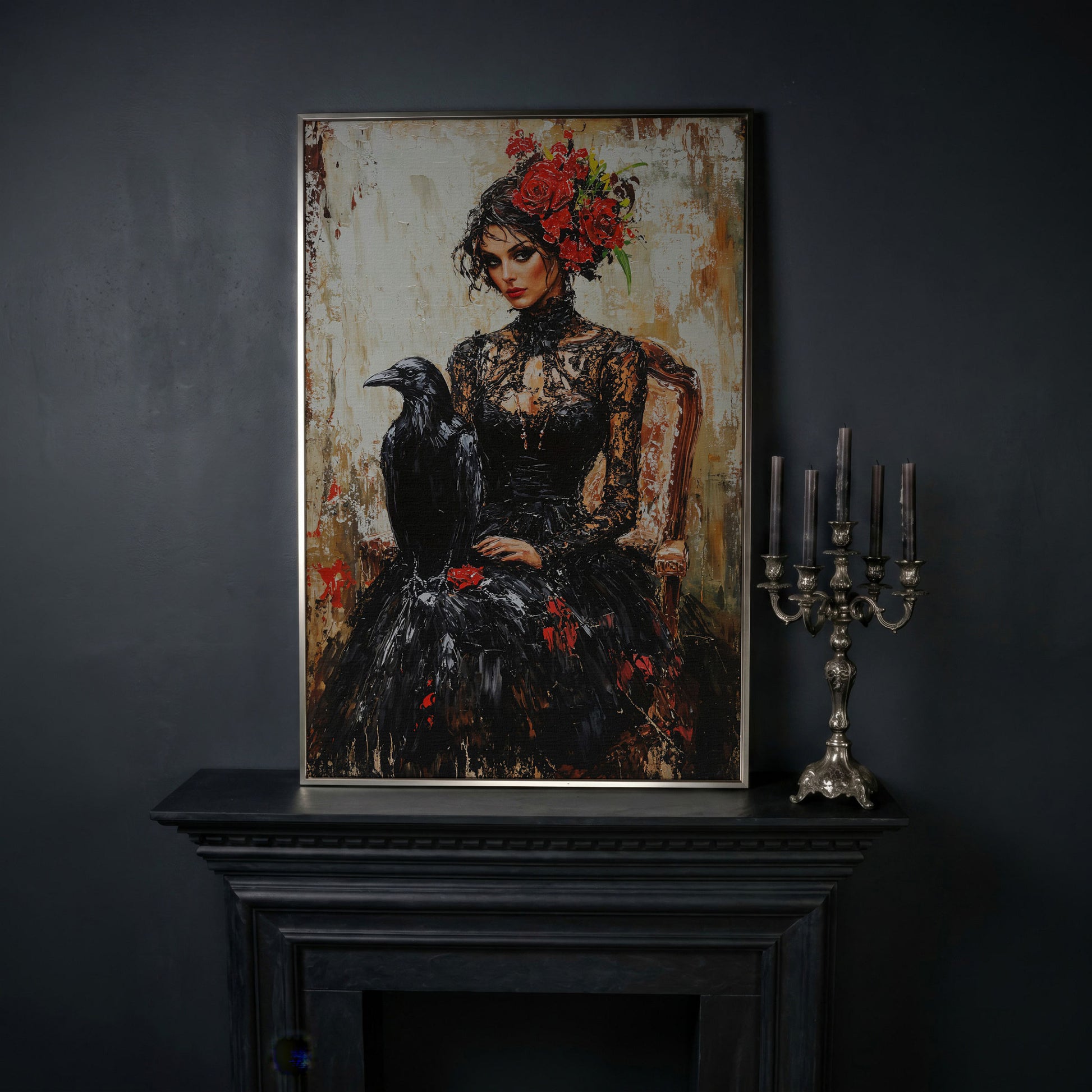 Gothic Portrait with Raven Woman Canvas in silver floating frame