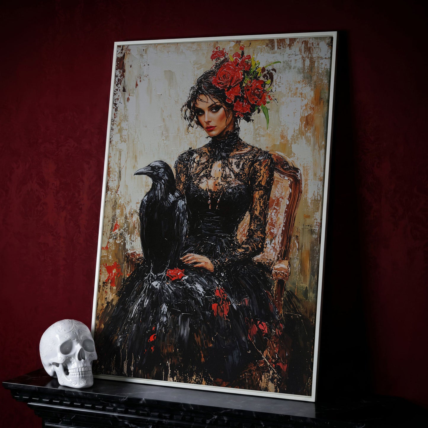 Gothic Portrait with Raven Woman Canvas in white floating frame