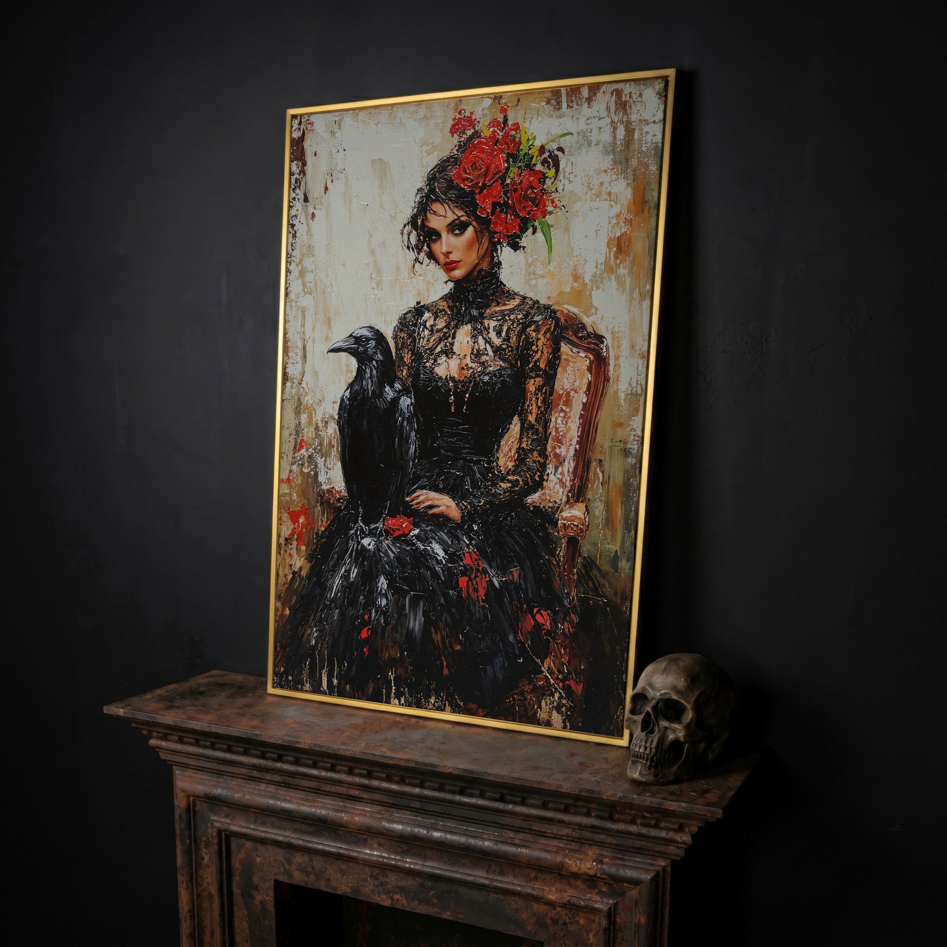 Gothic Portrait with Raven Woman Canvas in yellow gold floating frame
