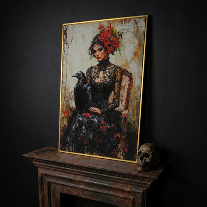 Gothic Portrait with Raven Woman Canvas in yellow gold floating frame
