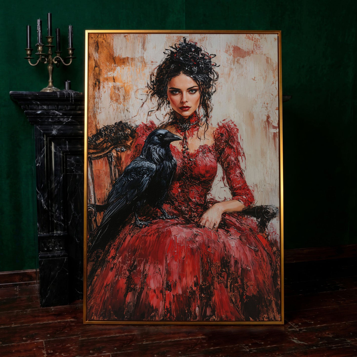 Woman in Red with Black Raven Canvas Print in antique gold floating frame