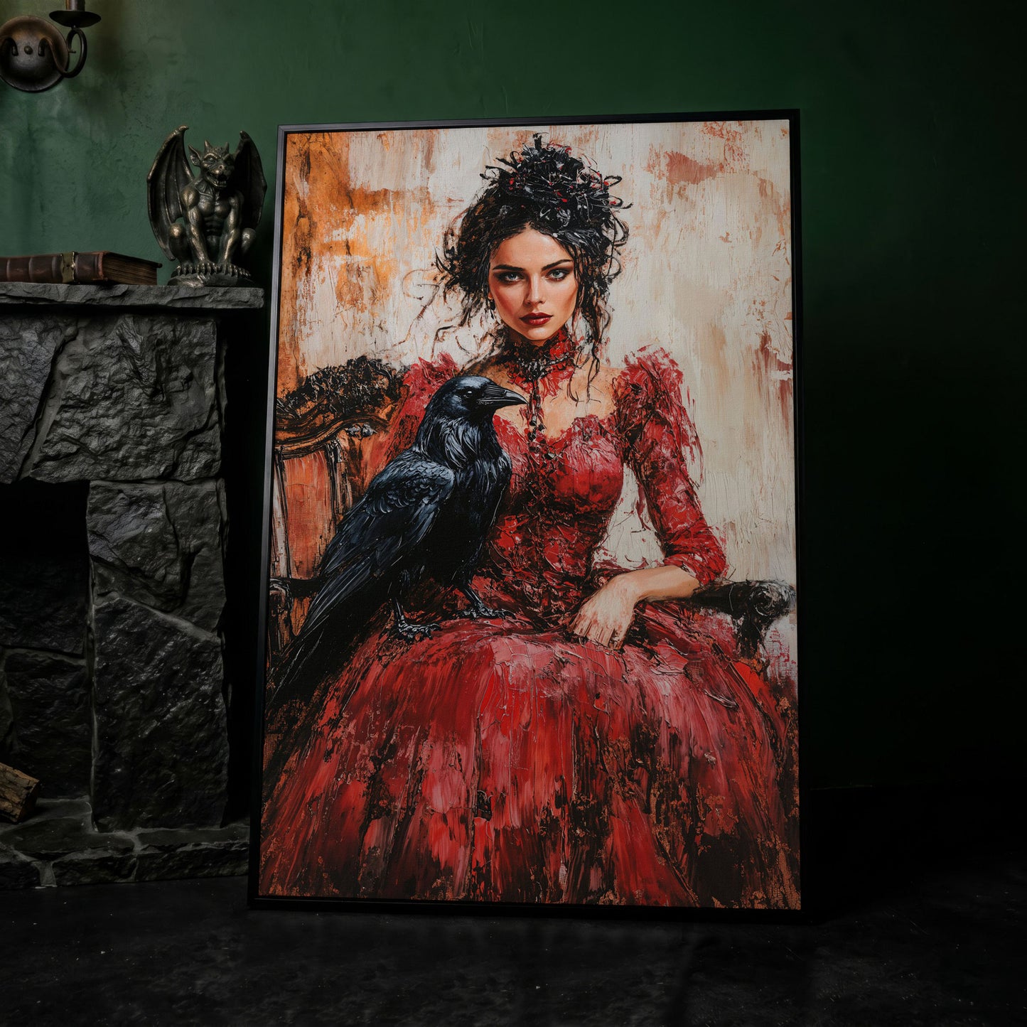 Woman in Red with Black Raven Canvas Print in black floating frame