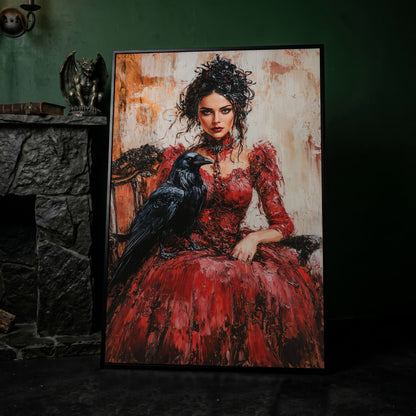 Woman in Red with Black Raven Canvas Print in black floating frame