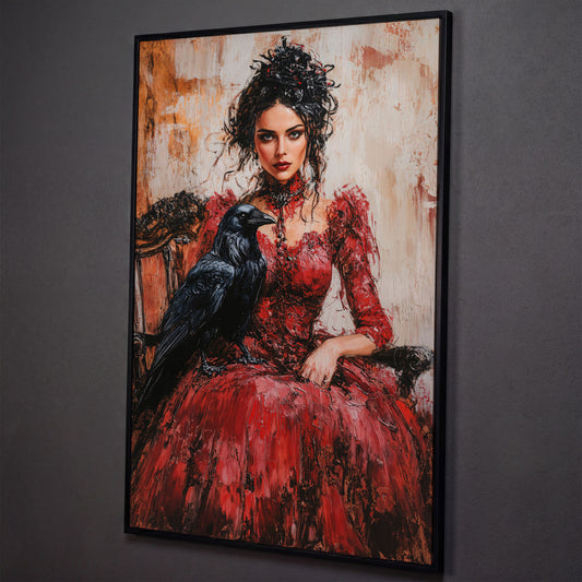 Woman in Red with Black Raven Canvas Print shown in black floating frame