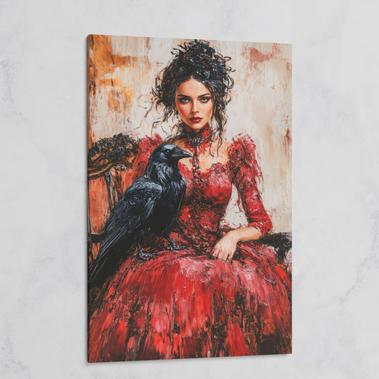 Woman in Red with Black Raven Canvas Print on gallery wrap
