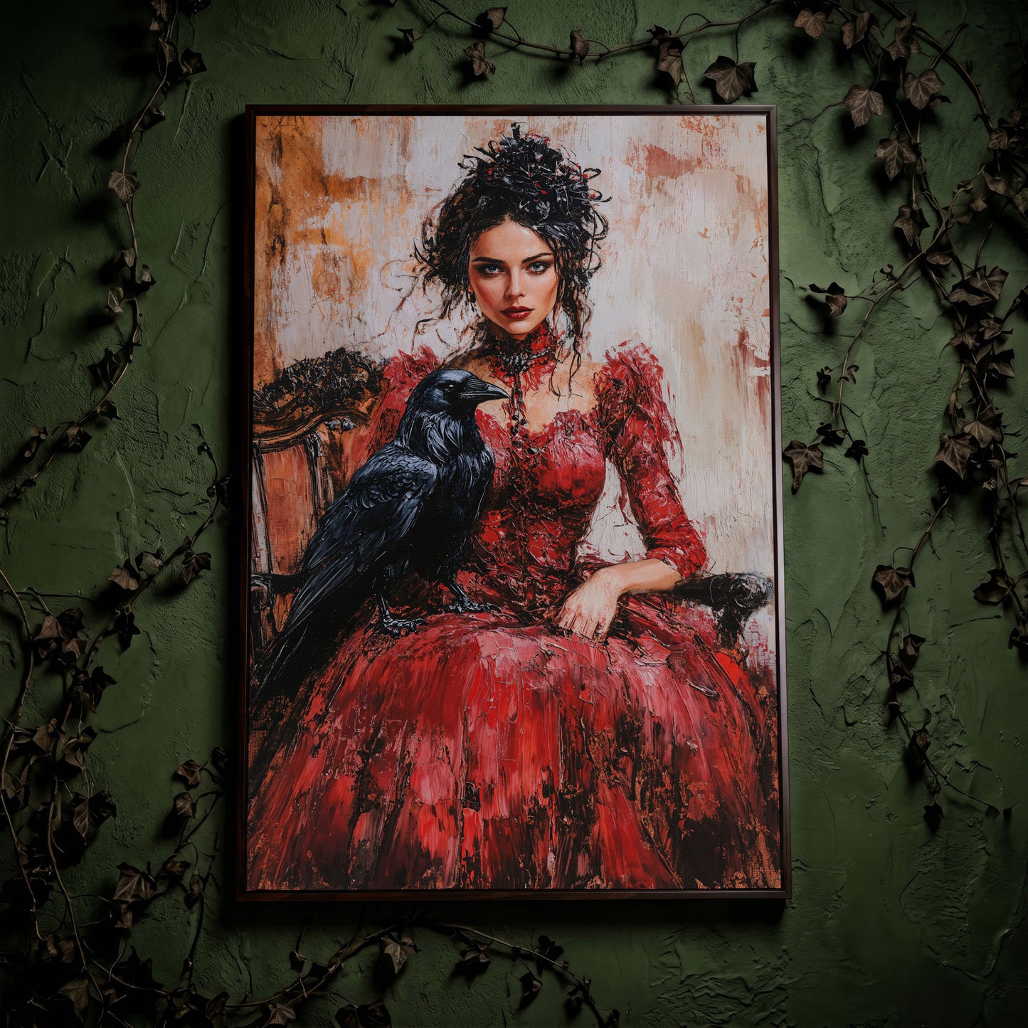 Woman in Red with Black Raven Canvas Print in dark walnut floating frame