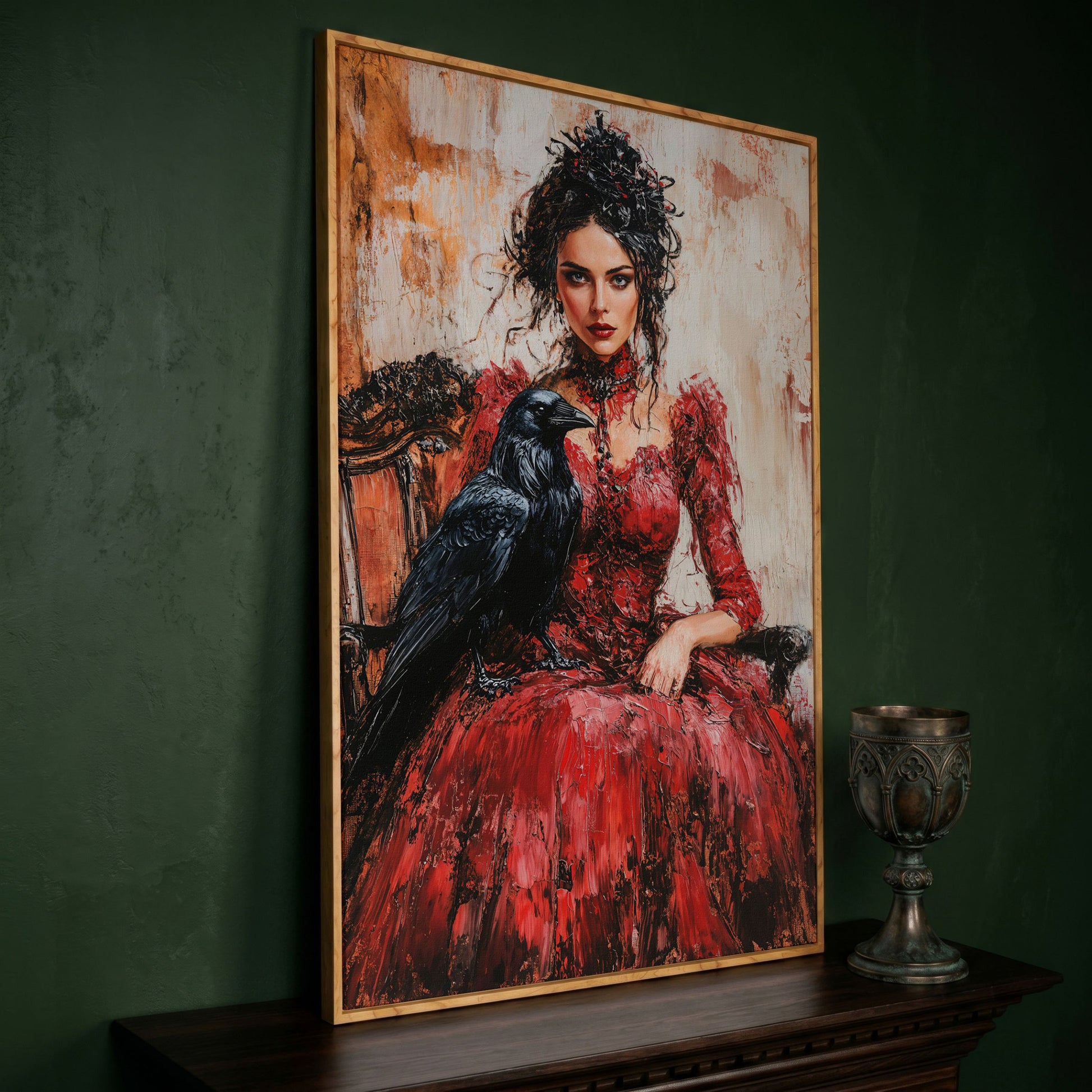 Woman in Red with Black Raven Canvas Print in white oak floating frame