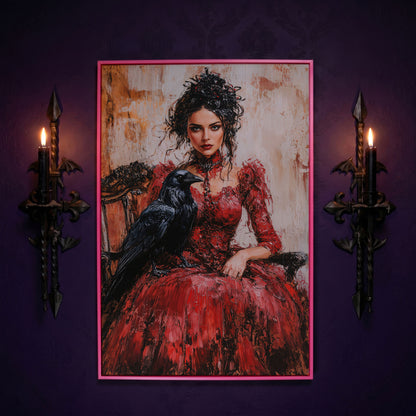 Woman in Red with Black Raven Canvas Print in pink floating frame
