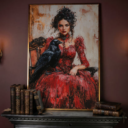 Woman in Red with Black Raven Canvas Print in rose gold floating frame