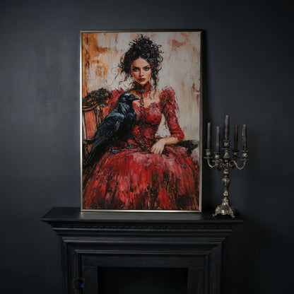 Woman in Red with Black Raven Canvas Print in silver floating frame