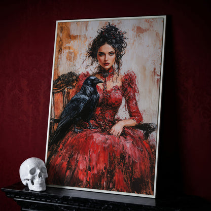 Woman in Red with Black Raven Canvas Print in white floating frame