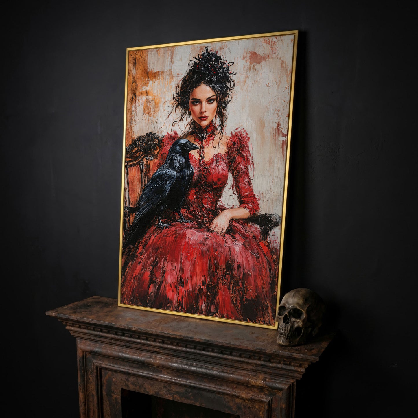 Woman in Red with Black Raven Canvas Print in yellow gold floating frame