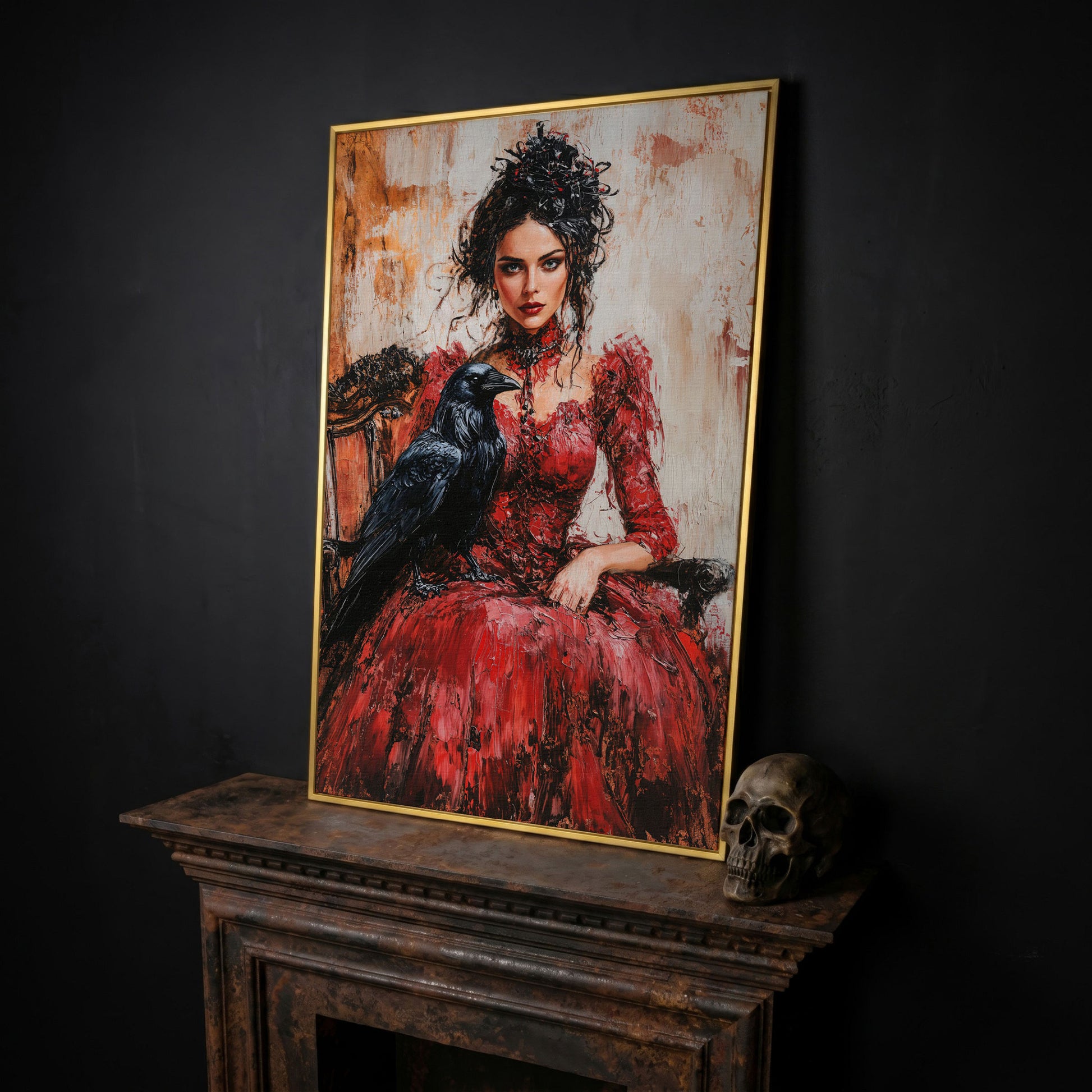 Woman in Red with Black Raven Canvas Print in yellow gold floating frame