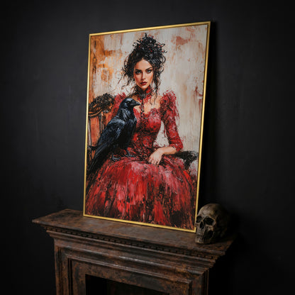 Woman in Red with Black Raven Canvas Print in yellow gold floating frame