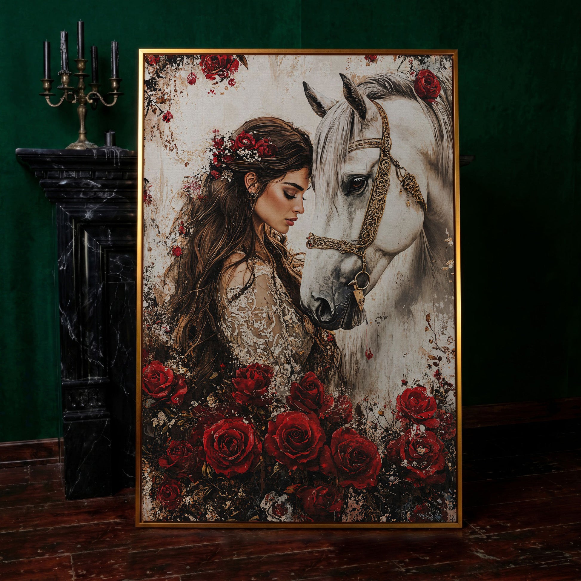 White Horse and Lady with Red Roses Canvas in antique gold floating frame