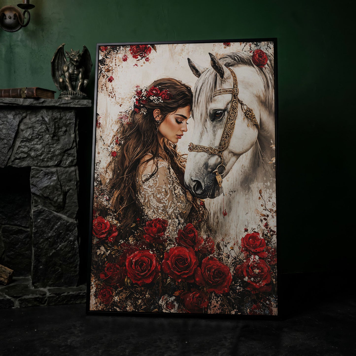 White Horse and Lady with Red Roses Canvas in black floating frame