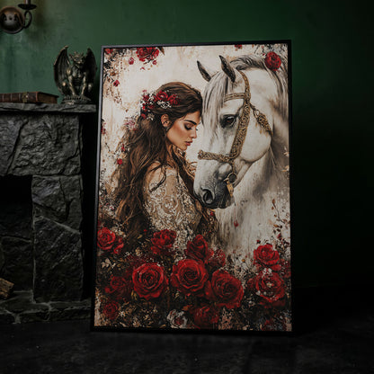 White Horse and Lady with Red Roses Canvas in black floating frame