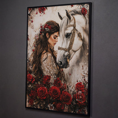 White Horse and Lady with Red Roses Canvas shown in black floating frame