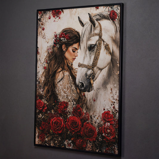 White Horse and Lady with Red Roses Canvas shown in black floating frame