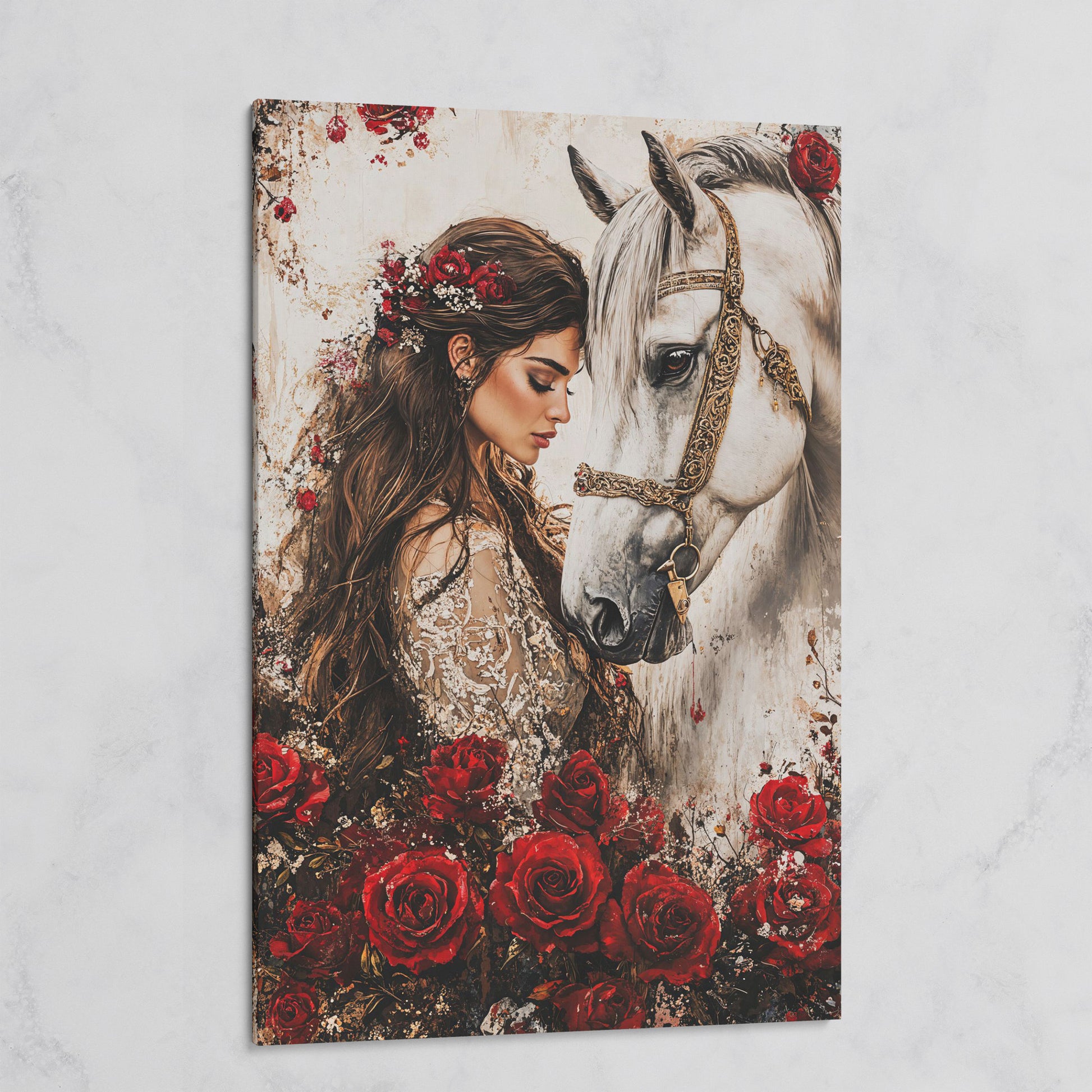 White Horse and Lady with Red Roses Canvas on gallery wrap