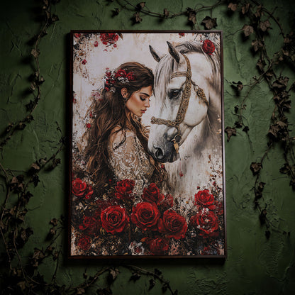 White Horse and Lady with Red Roses Canvas in dark walnut floating frame
