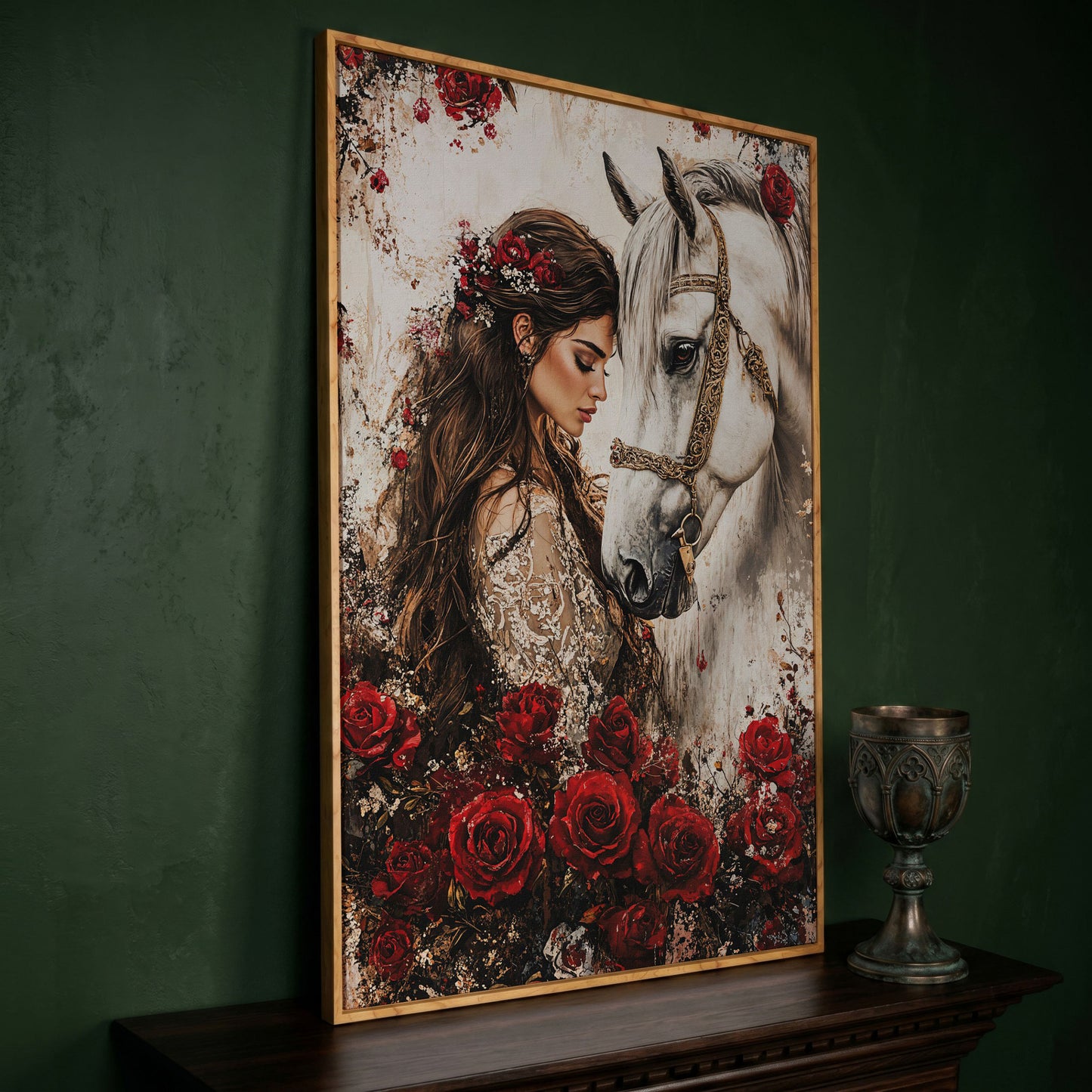 White Horse and Lady with Red Roses Canvas in white oak floating frame