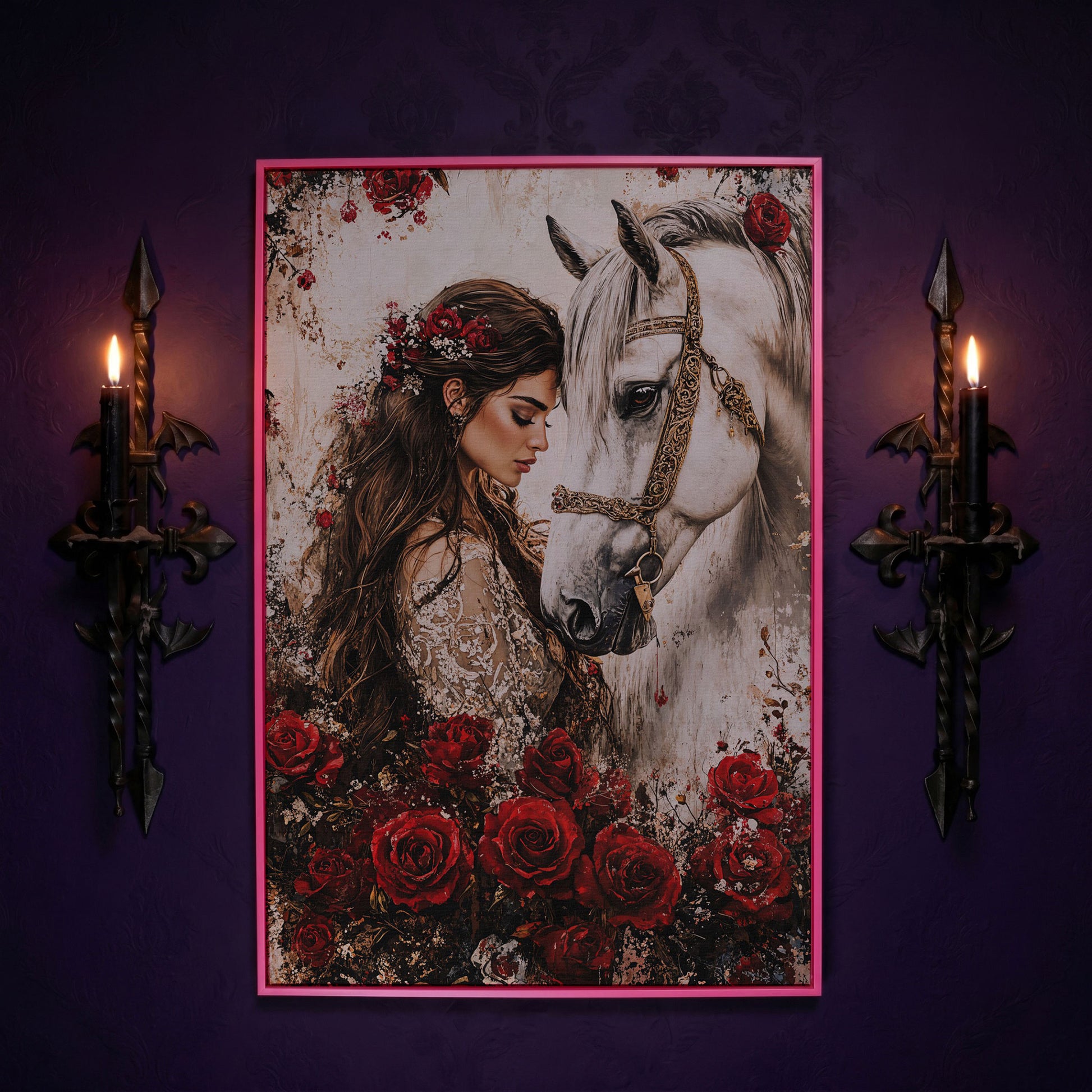 White Horse and Lady with Red Roses Canvas in pink floating frame