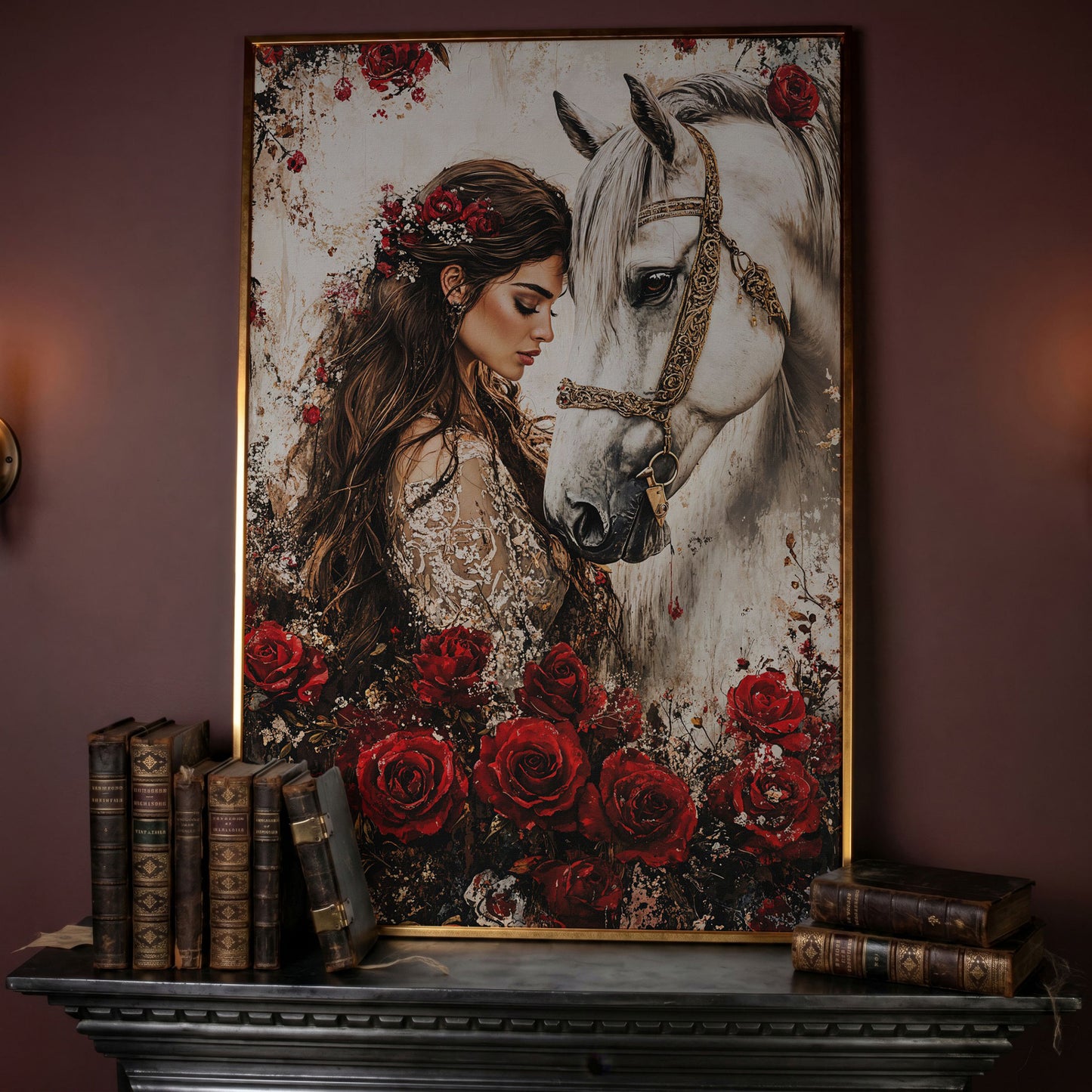 White Horse and Lady with Red Roses Canvas in rose gold floating frame