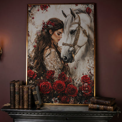 White Horse and Lady with Red Roses Canvas in rose gold floating frame