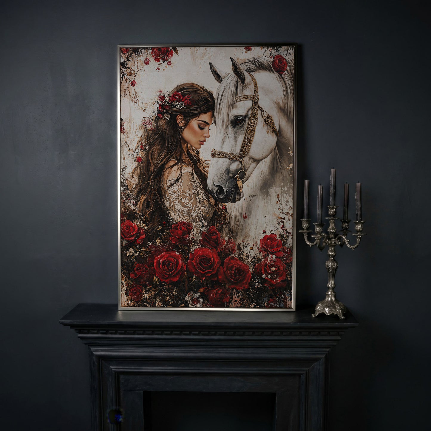 White Horse and Lady with Red Roses Canvas in silver floating frame
