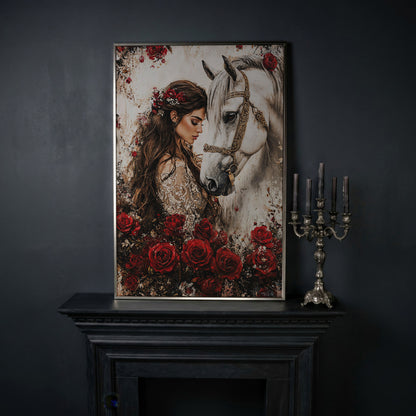 White Horse and Lady with Red Roses Canvas in silver floating frame