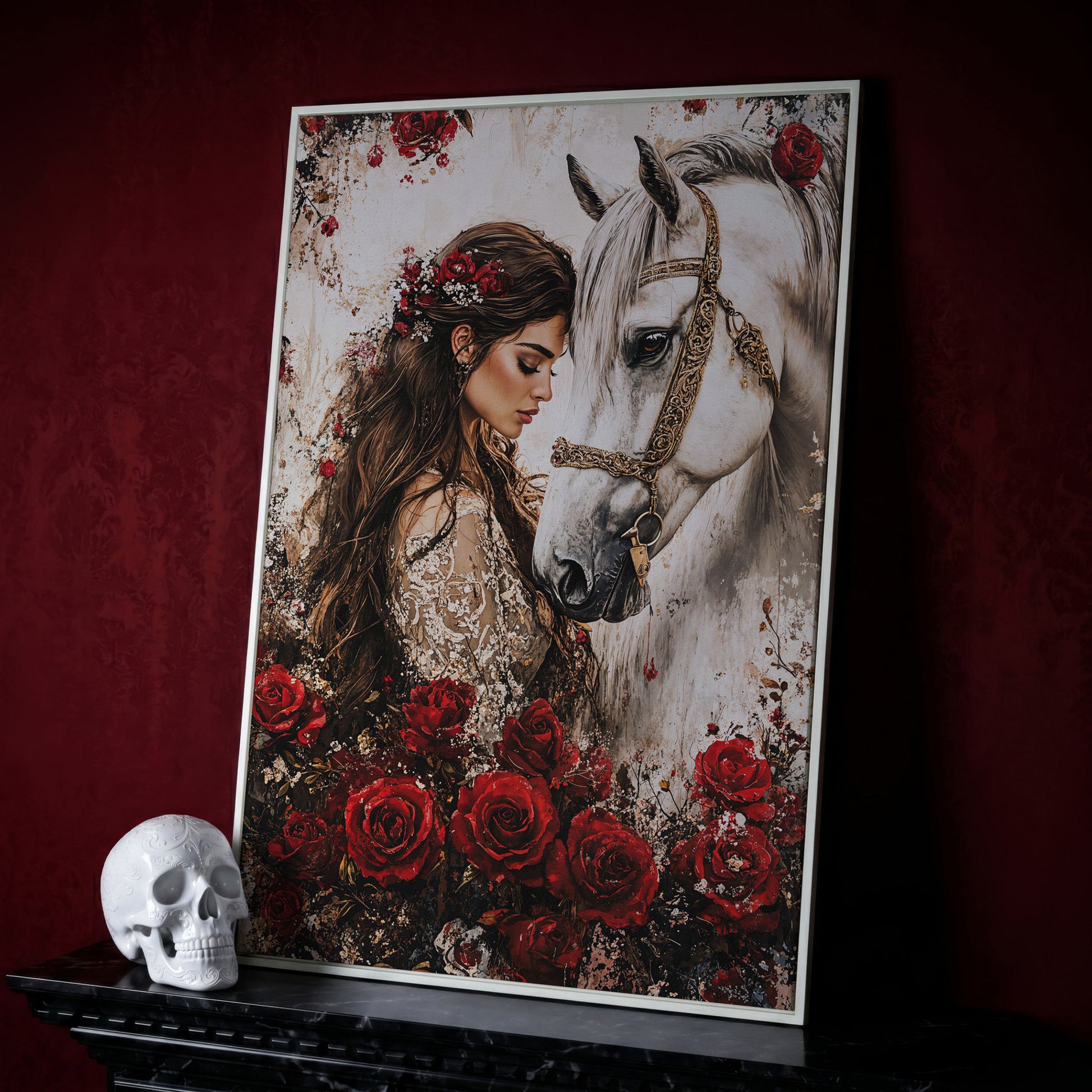 White Horse and Lady with Red Roses Canvas in white floating frame