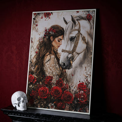 White Horse and Lady with Red Roses Canvas in white floating frame