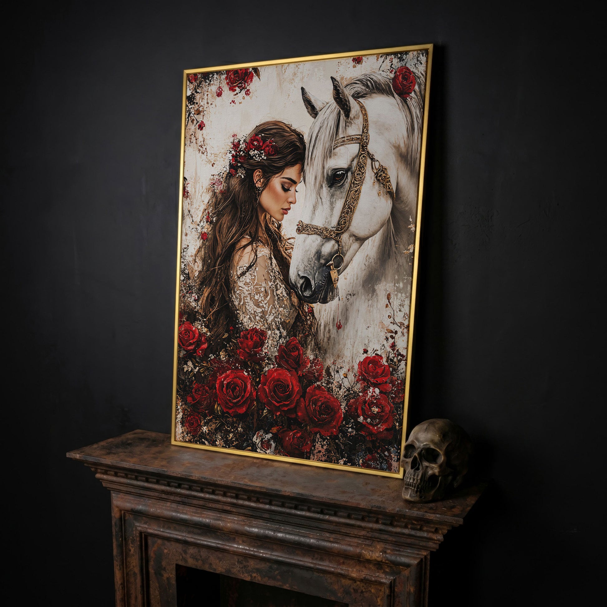 White Horse and Lady with Red Roses Canvas in yellow gold floating frame