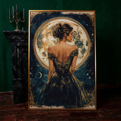 Full Moon Woman Portrait Canvas Print in antique gold floating frame