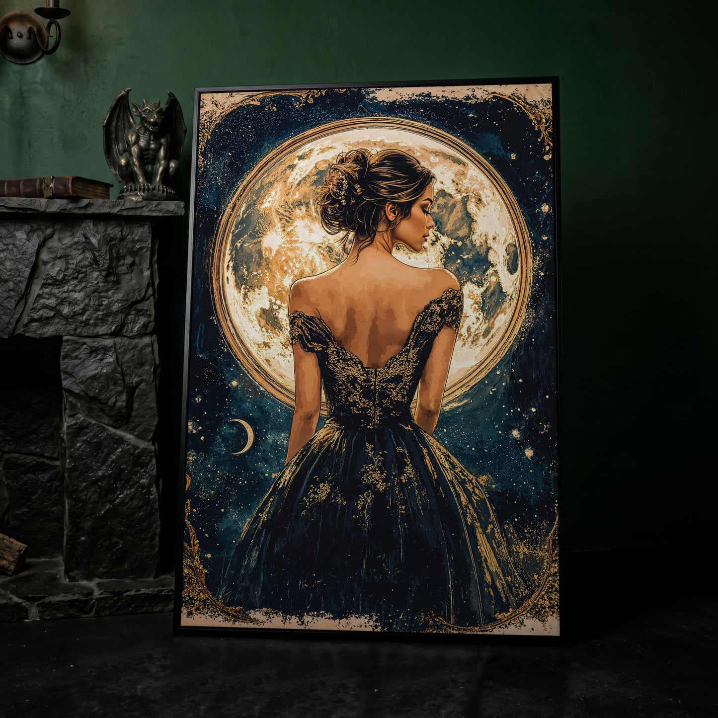 Full Moon Woman Portrait Canvas Print in black floating frame