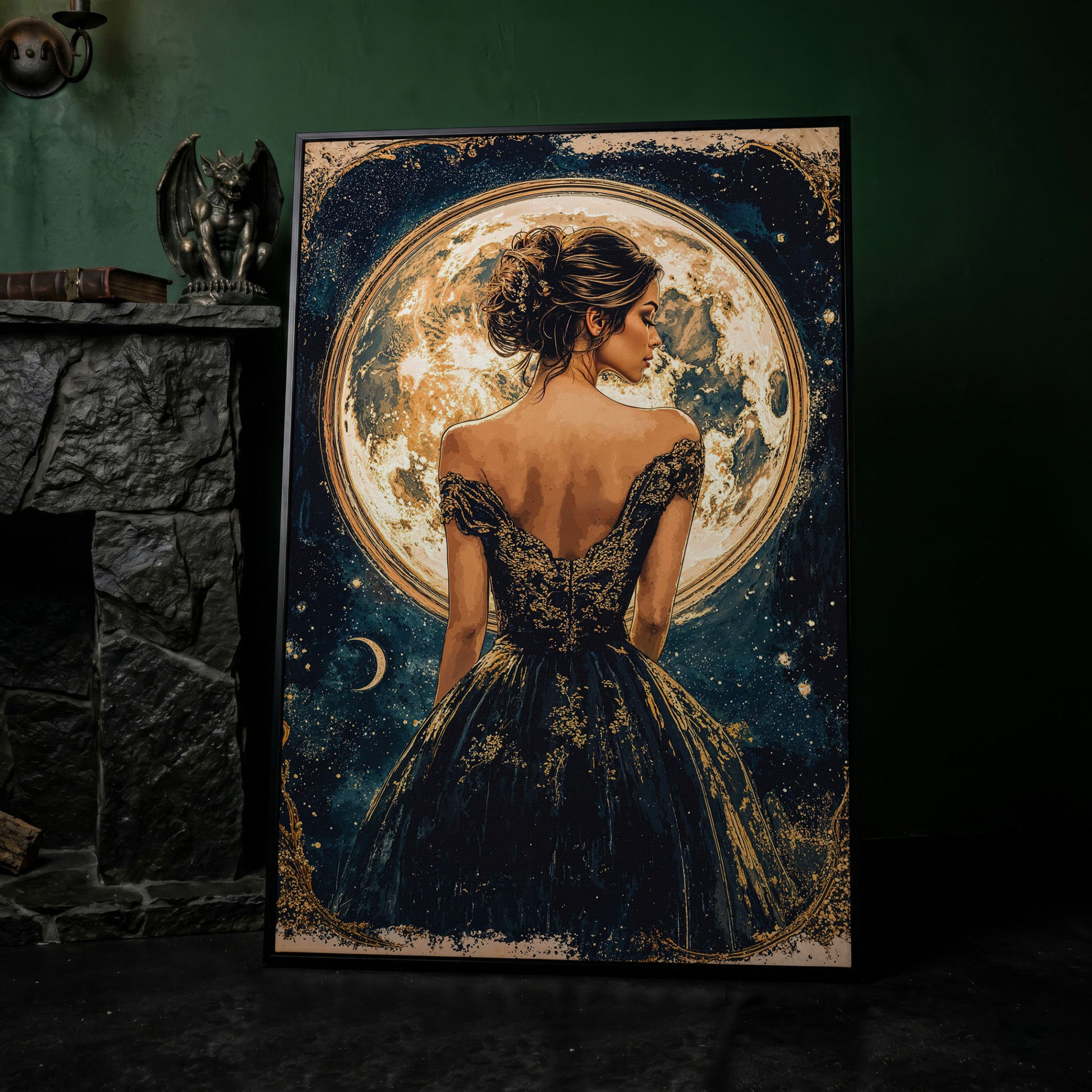Full Moon Woman Portrait Canvas Print in black floating frame