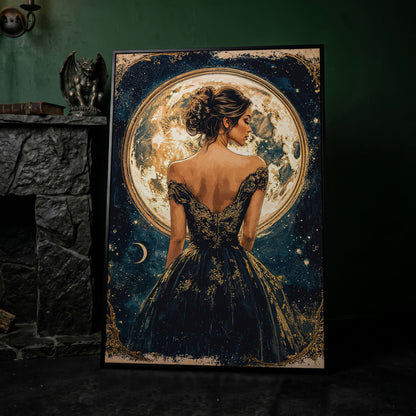 Full Moon Woman Portrait Canvas Print in black floating frame