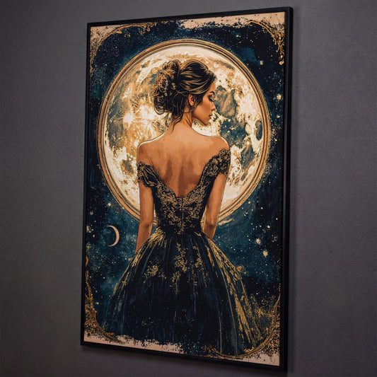 Full Moon Woman Portrait Canvas Print shown in black floating frame