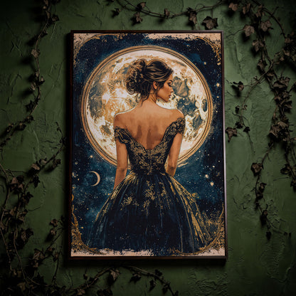 Full Moon Woman Portrait Canvas Print in dark walnut floating frame