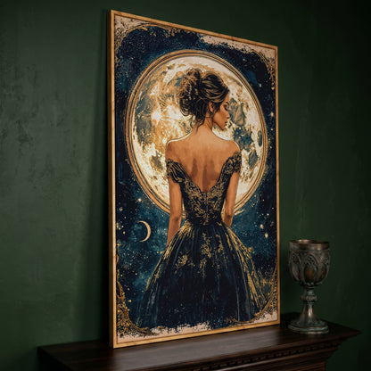 Full Moon Woman Portrait Canvas Print in white oak floating frame