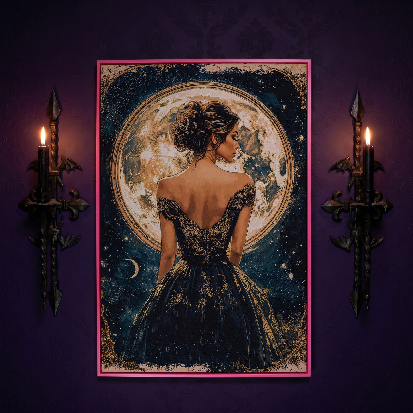 Full Moon Woman Portrait Canvas Print in pink floating frame