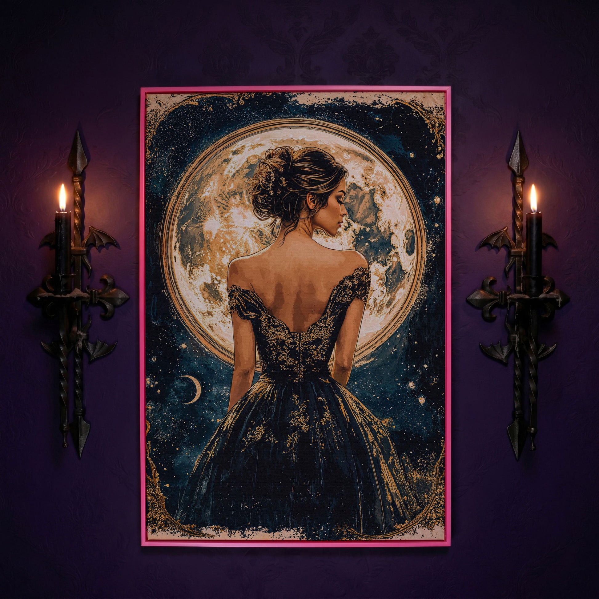 Full Moon Woman Portrait Canvas Print in pink floating frame