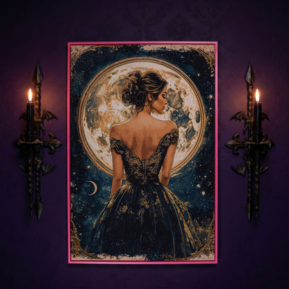 Full Moon Woman Portrait Canvas Print in pink floating frame