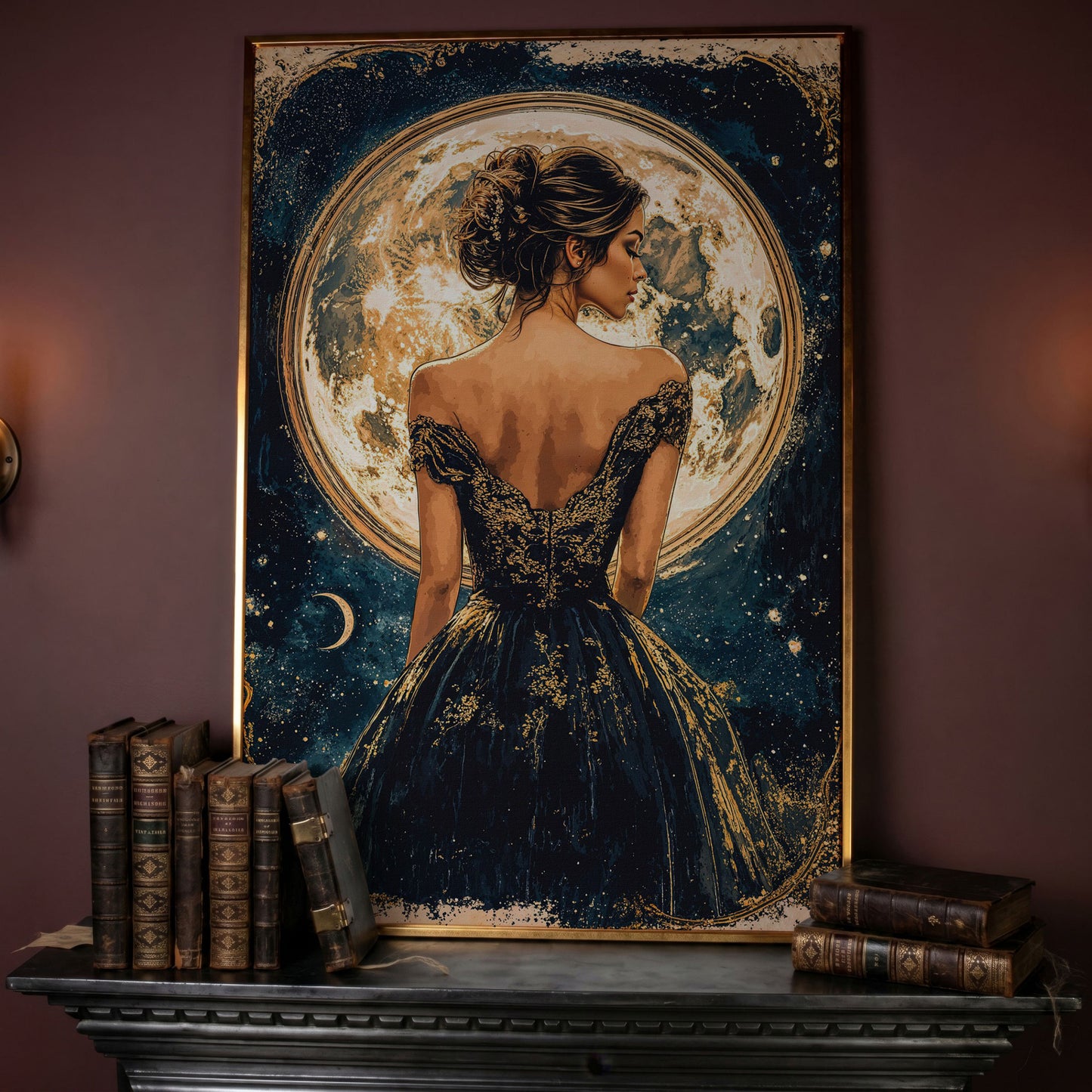 Full Moon Woman Portrait Canvas Print in rose gold floating frame
