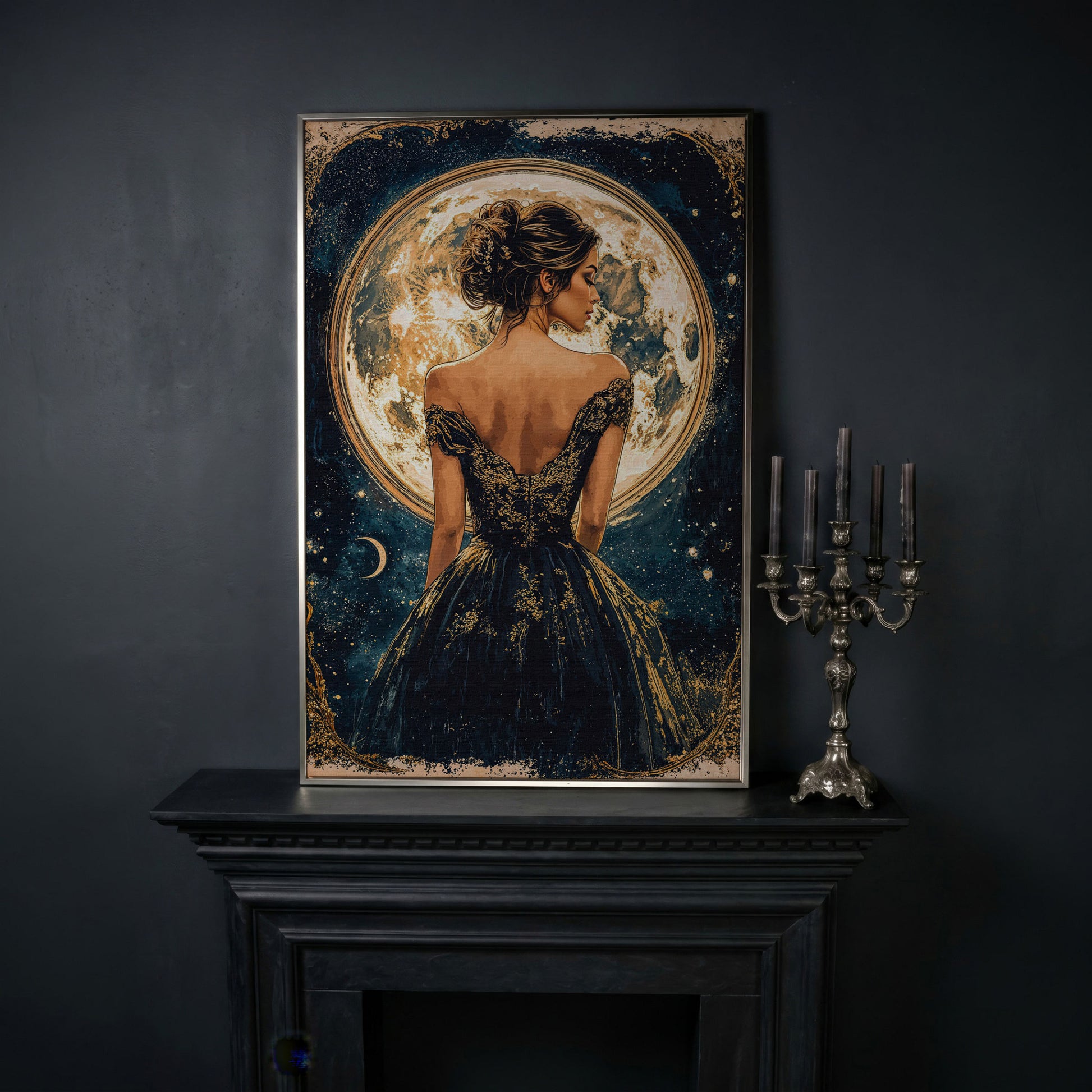 Full Moon Woman Portrait Canvas Print in silver floating frame