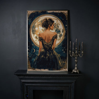 Full Moon Woman Portrait Canvas Print in silver floating frame