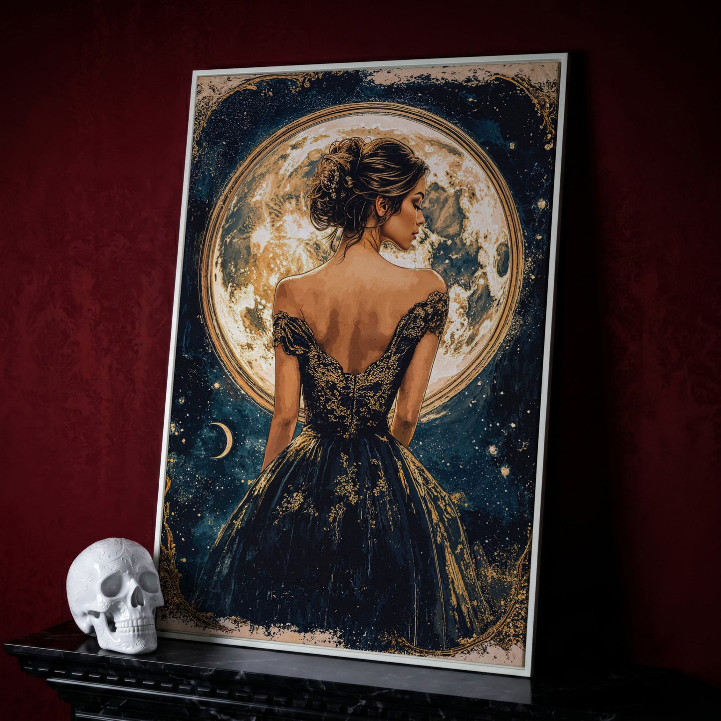 Full Moon Woman Portrait Canvas Print in white floating frame