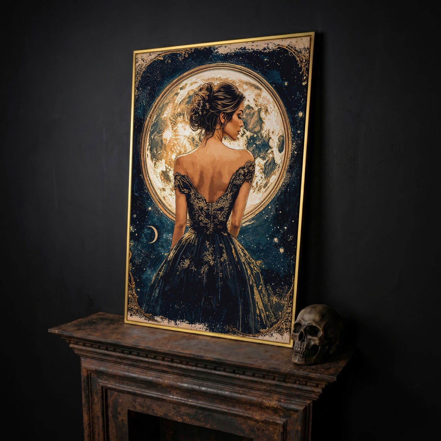 Full Moon Woman Portrait Canvas Print in yellow gold floating frame